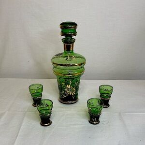 ROSSINI Empoli Glass MCM Elegant Green and Gold Decanter and Shot Glass Set